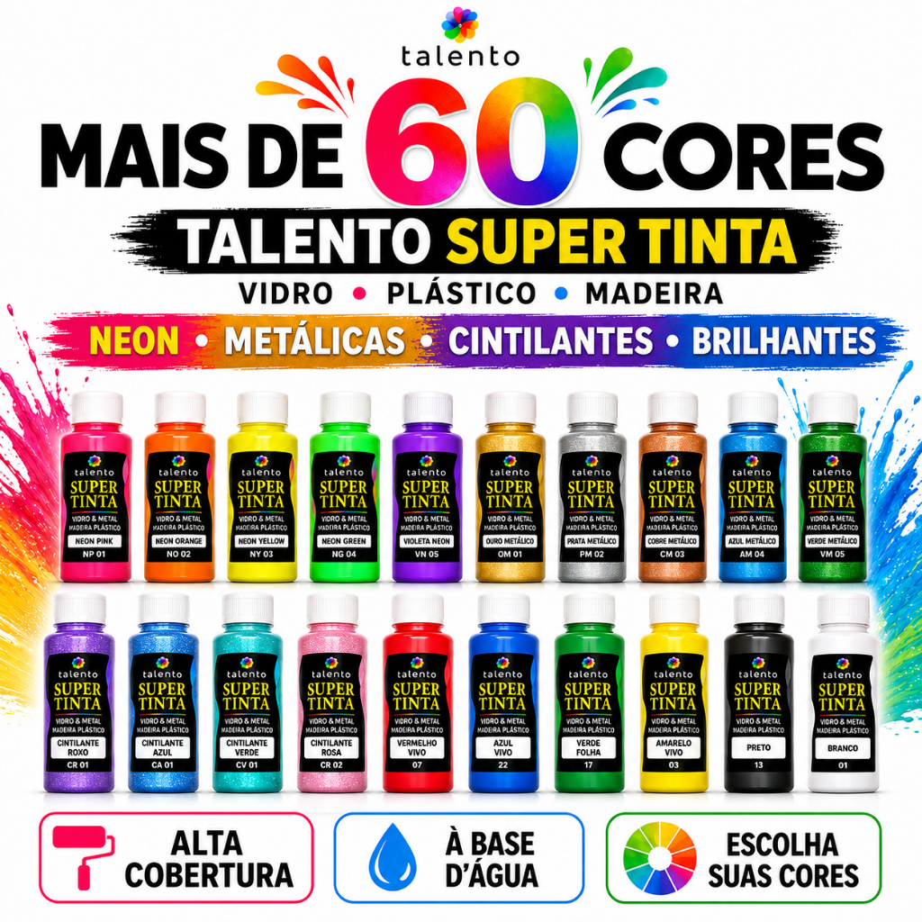 Tinta para Vidro, Plástico e Metal 60ml TALENTO MAIS DE 60 CORES METALICAS,CINTILANTE, NEON