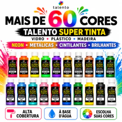 Tinta para Vidro, Plástico e Metal 60ml TALENTO MAIS DE 60 CORES METALICAS,CINTILANTE, NEON
