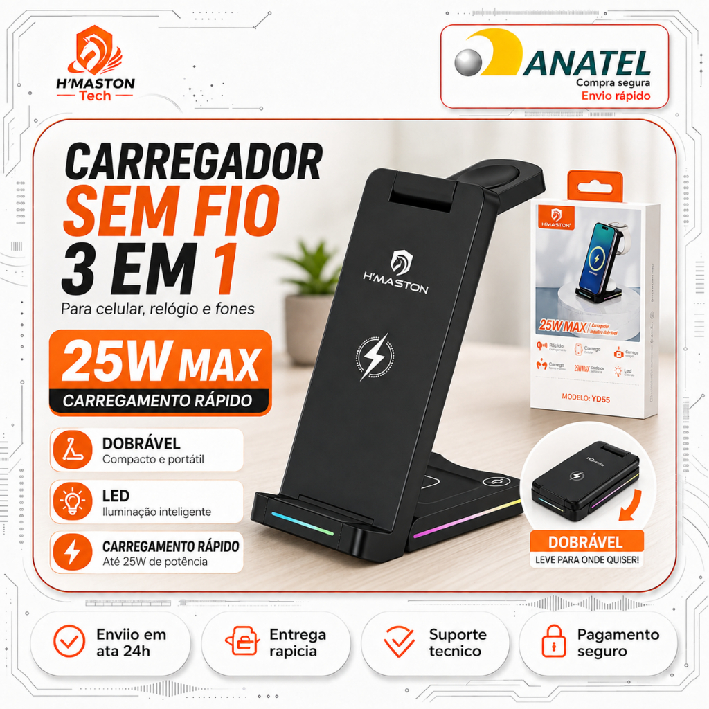 H'Maston YD55 Carregador Por Indução Iphone 3 em 1 Carregador Indução Iphone dobrável Carregador Magnetico Iphone
