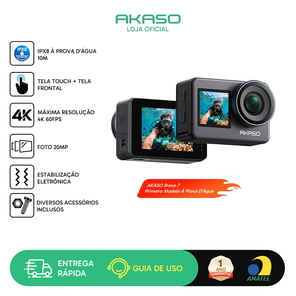 Câmera Ação AKASO Brave 7 4K60fps Tela Touch+Frontal IPX8 EIS 20MP Áudio Wi-Fi Controle Remoto