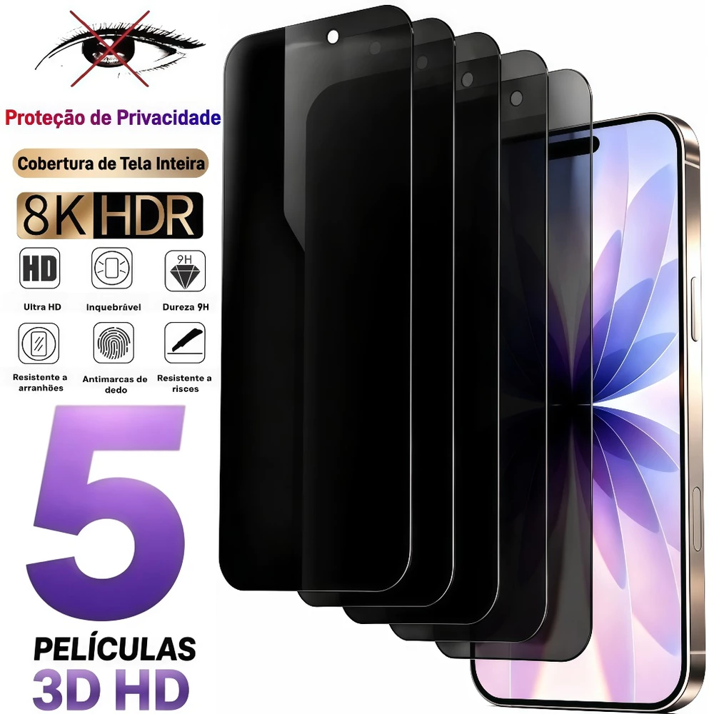 Privacidade 3D 9H Anti Espião HD para iPhone 16/15/14/13/12/11/XR/XS/X/17 Pro Max / Pro