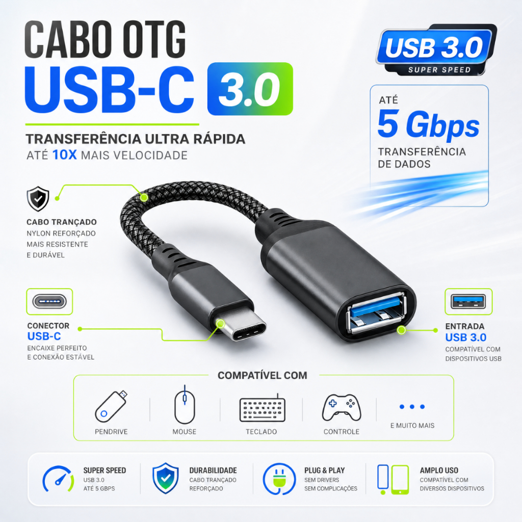 Cabo Adaptador Otg Tipo C Para USB Conecta Mouse Teclado Pen Drive - Escolha Seu Kit