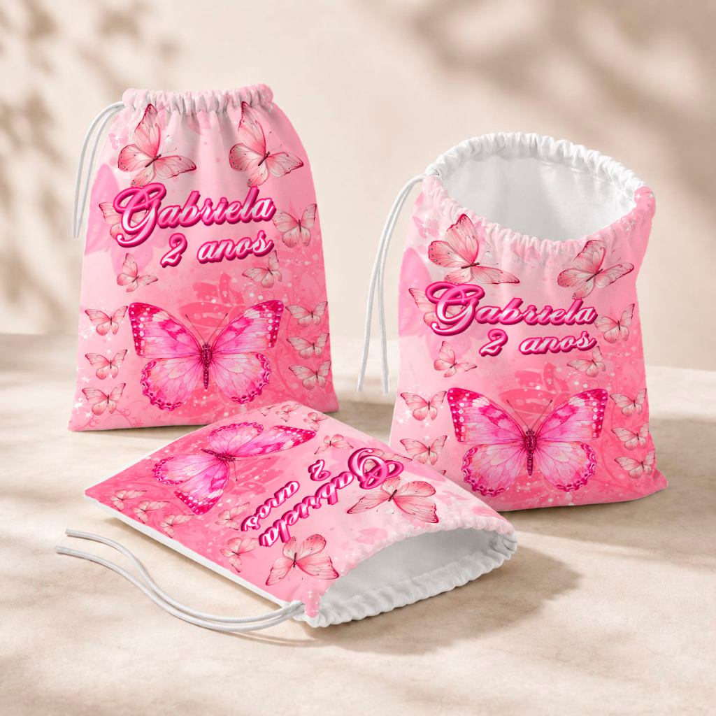 20 Sacolinhas Personalizada Festa Infantil 18x26 Aniversário Lembrancinha Borboleta Rosa