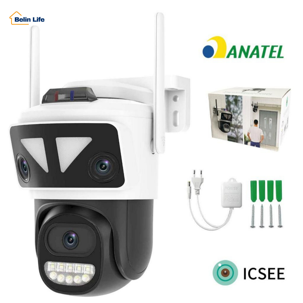 Câmera de Segurança Wi-Fi Externa Lente Tripla Prova D'Água 3MP PTZ Visão Noturna iCSee
