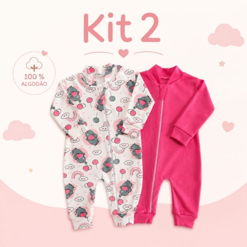 ​Kit 2 Macacões Bebê 100% Algodão ( Suedine) Estampa Bichinhos e Liso - Com Zíper Menina/Menino- Rn/P/M/G