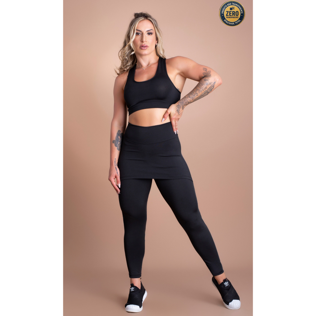 Conjunto Fitness Feminino Calça Legging Saia Tapa Bumbum Cintura Alta E Top Nadador Básico Academia ZERO TRANSPARÊNCIA