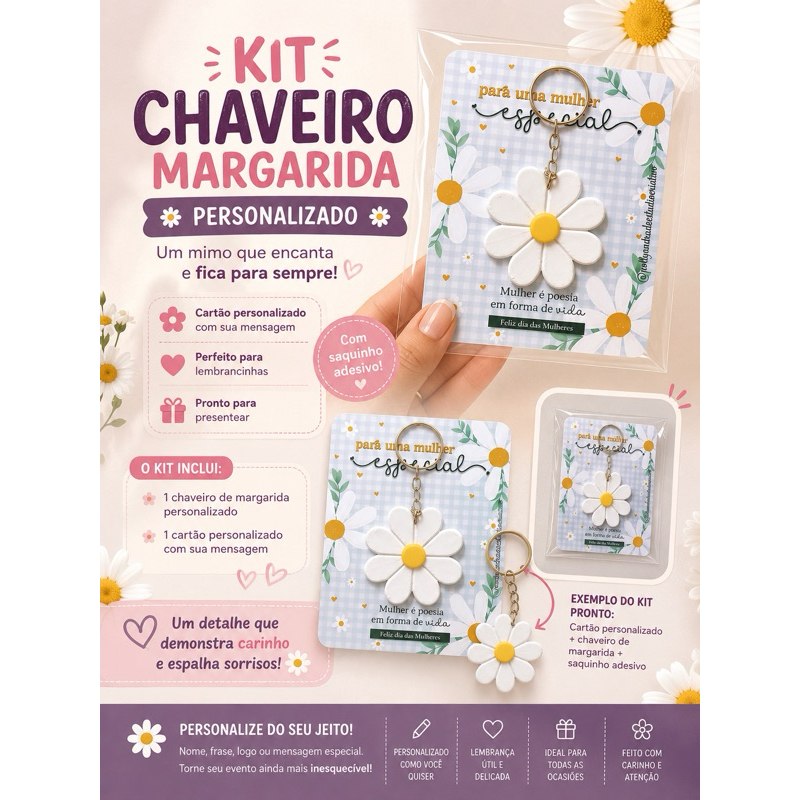 Kit Lembrancinha Chaveiro Margarida com cartão personalizado, mimo, lembrança, brinde para festa, evento, aniversario.