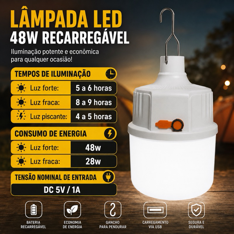 💡 LÂMPADA LED 48W RECARREGÁVEL USB COM GANCHO – PORTÁTIL E PRÁTICA