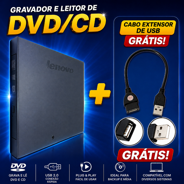 Gravador Lenovo de DVD e CD Externo Usb Slim Ultra + Grátis Cabo Extensor USB
