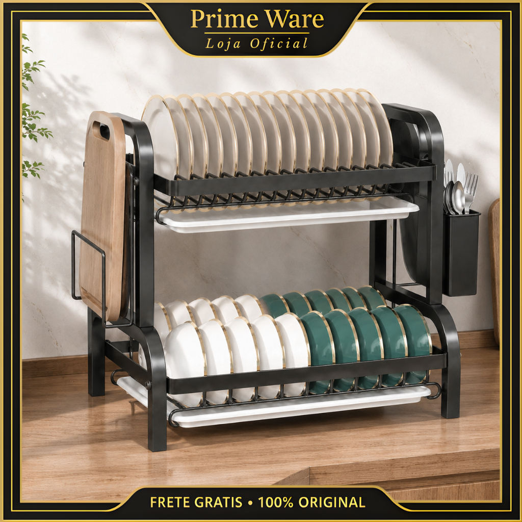 Escorredor Organizador Louças 3 andar Preto Inox Rack Modeno Com Porta Taher