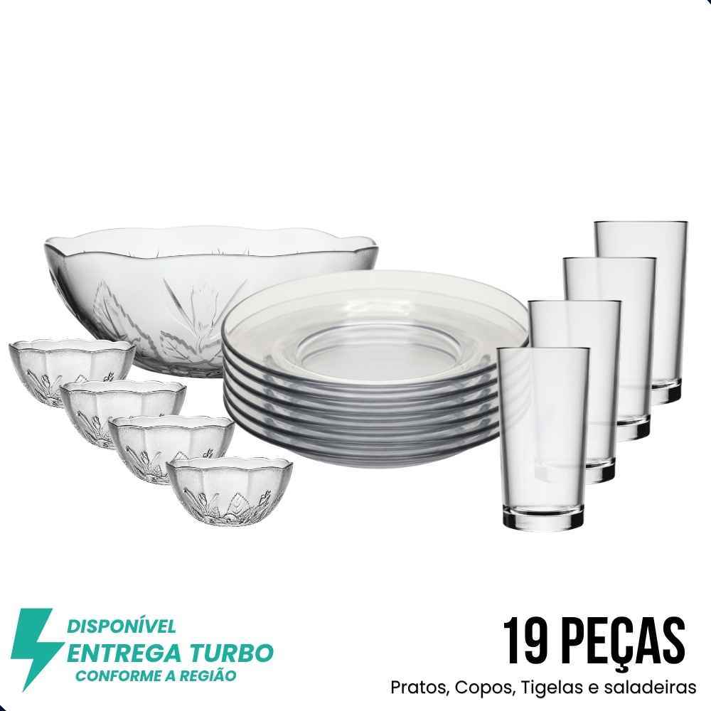 Aparelho de Jantar 19 Peças Vidro Transparente Floral Pratos Copos Tigelas Saladeira