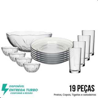 Aparelho de Jantar 19 Peças Vidro Transparente Floral Pratos Copos Tigelas Saladeira