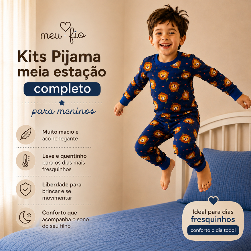 Kit Pijamas Infantis Menino Confortável 6 Peças 3 Conjuntos Meia Estação Outono Inverno Estampado Colorido Sortido
