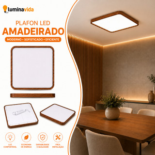 Plafon LED Amadeirado 3 em 1 Bivolt Sobrepor Quadrado Moderno para Quarto Sala Cozinha
