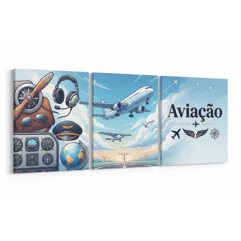 Quadro Decorativo 3 Peças  Aviação Decoração Sala Quarto Escritório