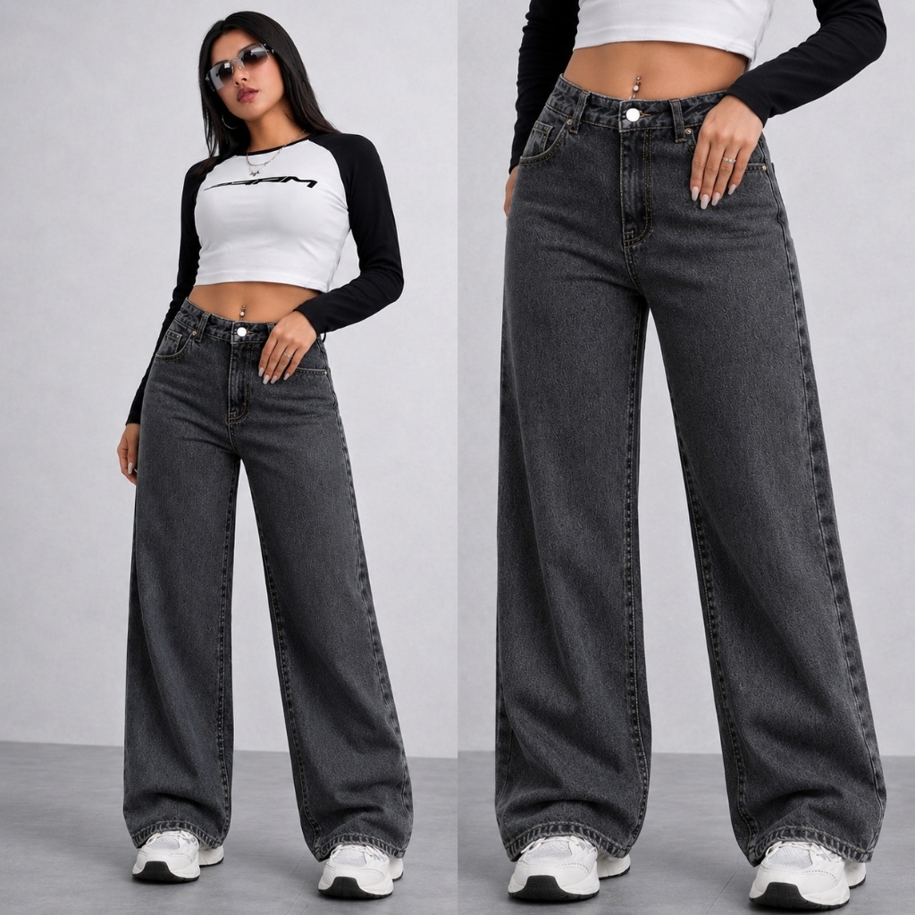Calça Jeans Wide Leg Marmorizada Grafite Cintura Alta Levanta Bumbum 34 ao 46 Perna Larga Pantalona