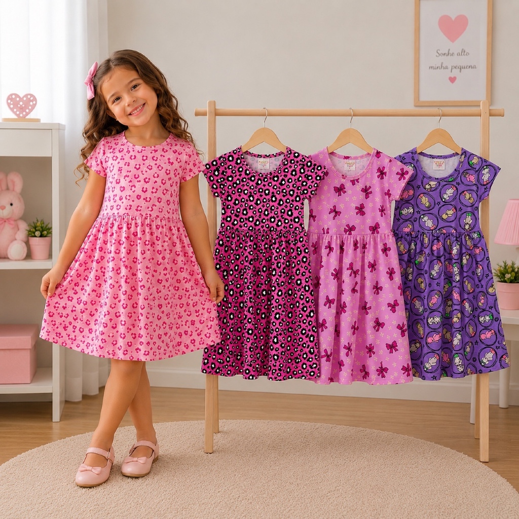 Kit 3 Vestidos Infantis Menina Algodão com Elastano Estampas Sortidas Conforto e Qualidade | 1 a 10 anos | REF 2405