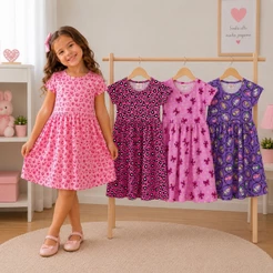 Kit 3 Vestidos Infantil Feminino Sortidos Manga Curta Estampados Algodão Moda Verão Menina | Tam 1 ao 10 | REF 2405