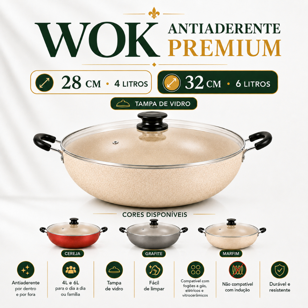 Imagem Panela Wok N°32/28 Tampa De Vidro Antiaderente Alumbella Cozinha Profissional