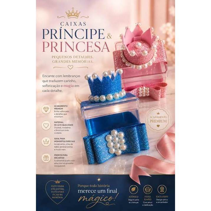 Caixa 5x5 Personalizada com Coroa e Pérolas Decoração Temática Princesa e Príncipe Lembrancinhas Festa Aniversário