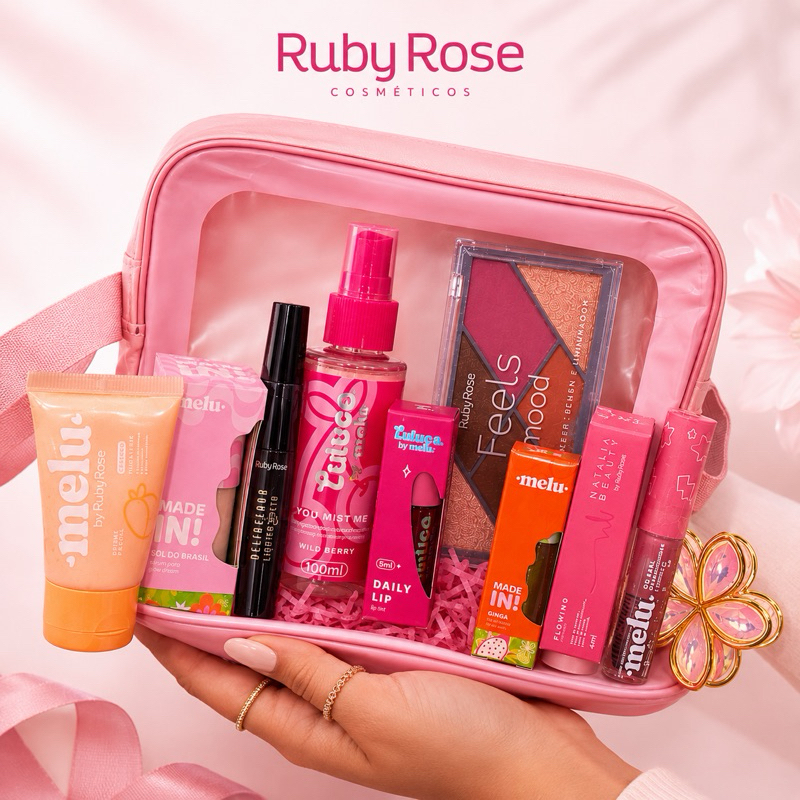 Kit de Beleza Ruby Rose e Melu com 11 Itens Maquiagem Skincare Lábios Rosto e Necessaire