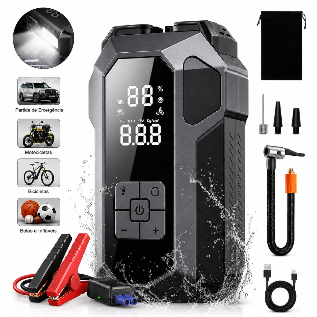 Auxiliar de Partida 12V Portátil com Power Bank 26800mAh, Compressor de Ar 150psi e Lanterna LED SOS