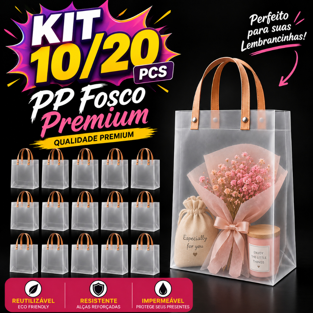 10/20 Sacolas de Presente PP Fosco com Alças Reforçadas para Presentes Festas e Lembrancinhas