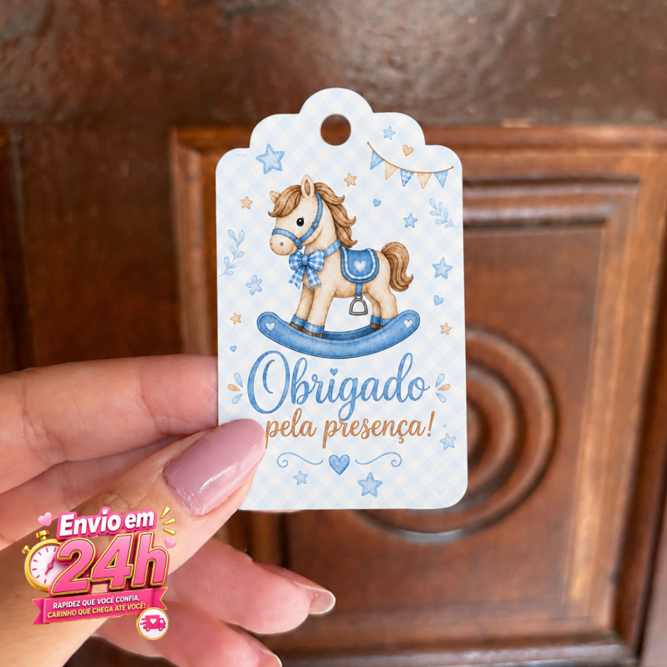 Tag Personalizada Cavalinho Baby Azul 6x3,6cm Decoração para Aniversário Lembrancinha
