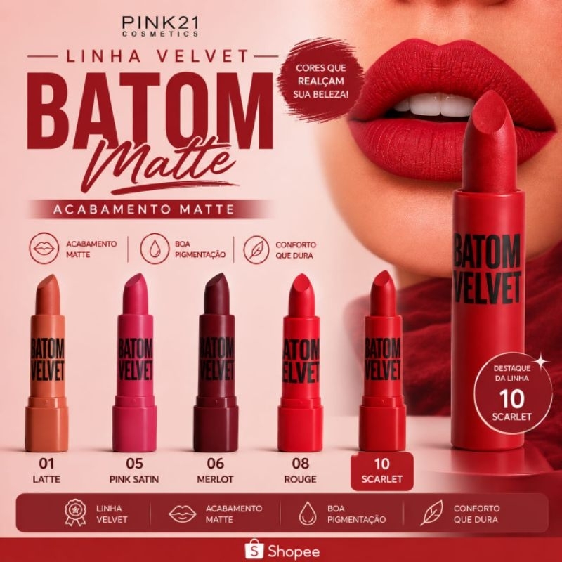 Batom Matte Bastão Pink 21 Velvet Nude 6 Tons Confortável Pigmentado e Longa Duração