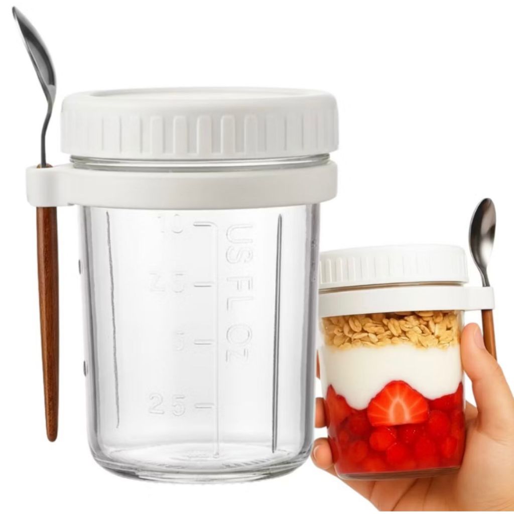 Copo Pote de Vidro 300ml com Tampa e Colher para Iogurte Frutas Saudavel Fitness Hermético