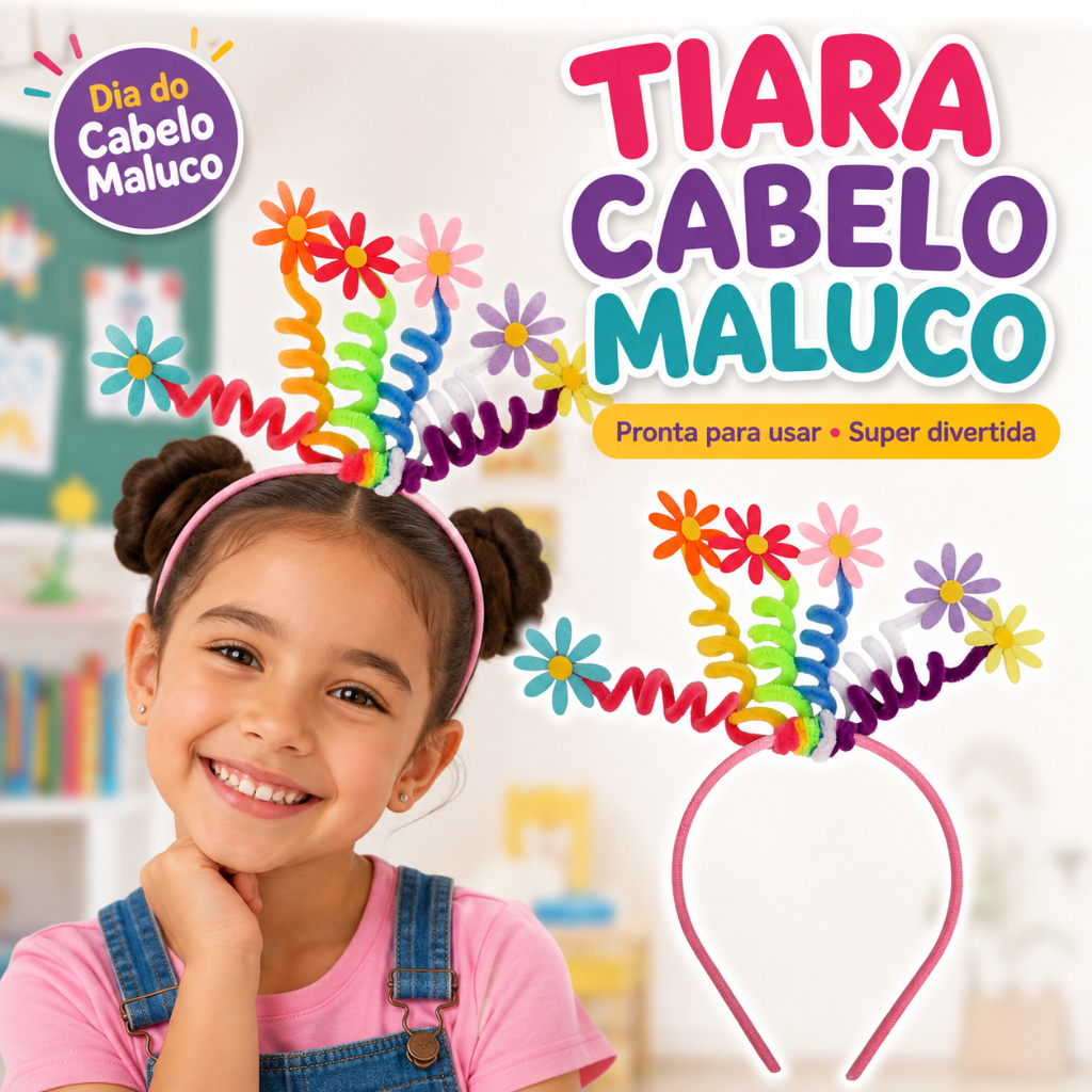 Tiara e Hair Clips Cabelo Maluco Infantil | Presilhas com Molinhas para Escola, Festa e Dia do Cabelo Maluco