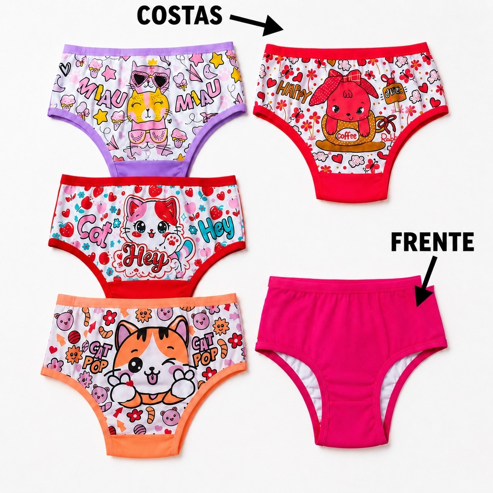 KIT 3, 6 e 9 Calcinha Feminina Tanga Infantil Juvenil Algodão Macio Ajuste Perfeito Cores Estampas Sortidas