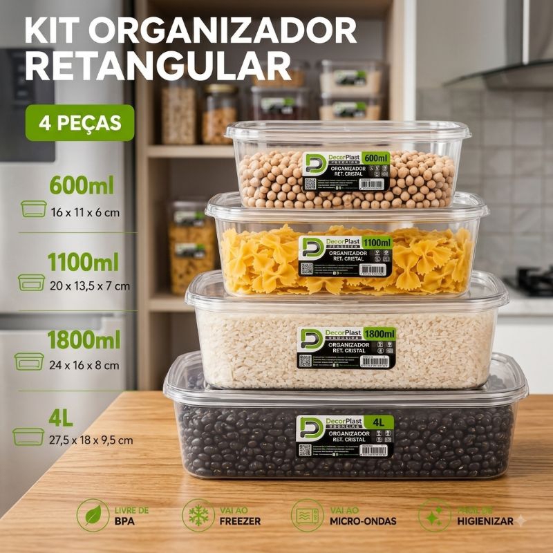 Kit 4 Potes Organizadores Herméticos Transparentes Multiuso Para Cozinha Geladeira Mantimentos Livre de BPA Presídio