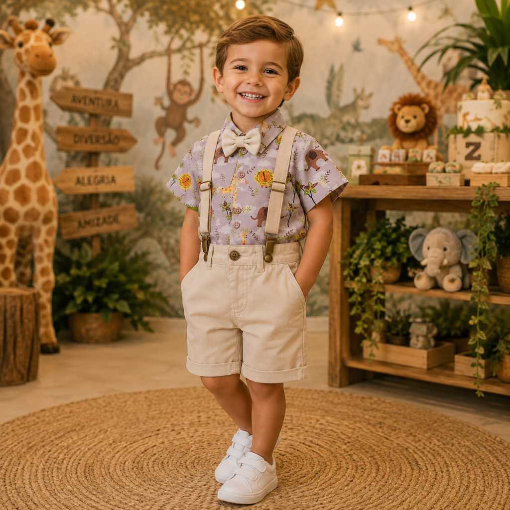 Conjunto Menino Infantil Luxo Temático Safari RF06+ Bermuda Caramelo