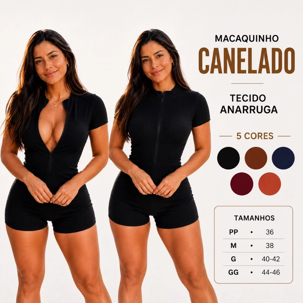 Macaquinho Feminino Virginia Canelado Premium Macacão Curto Com Ziper Moda Gringa Fitnes Casual — imagem 1