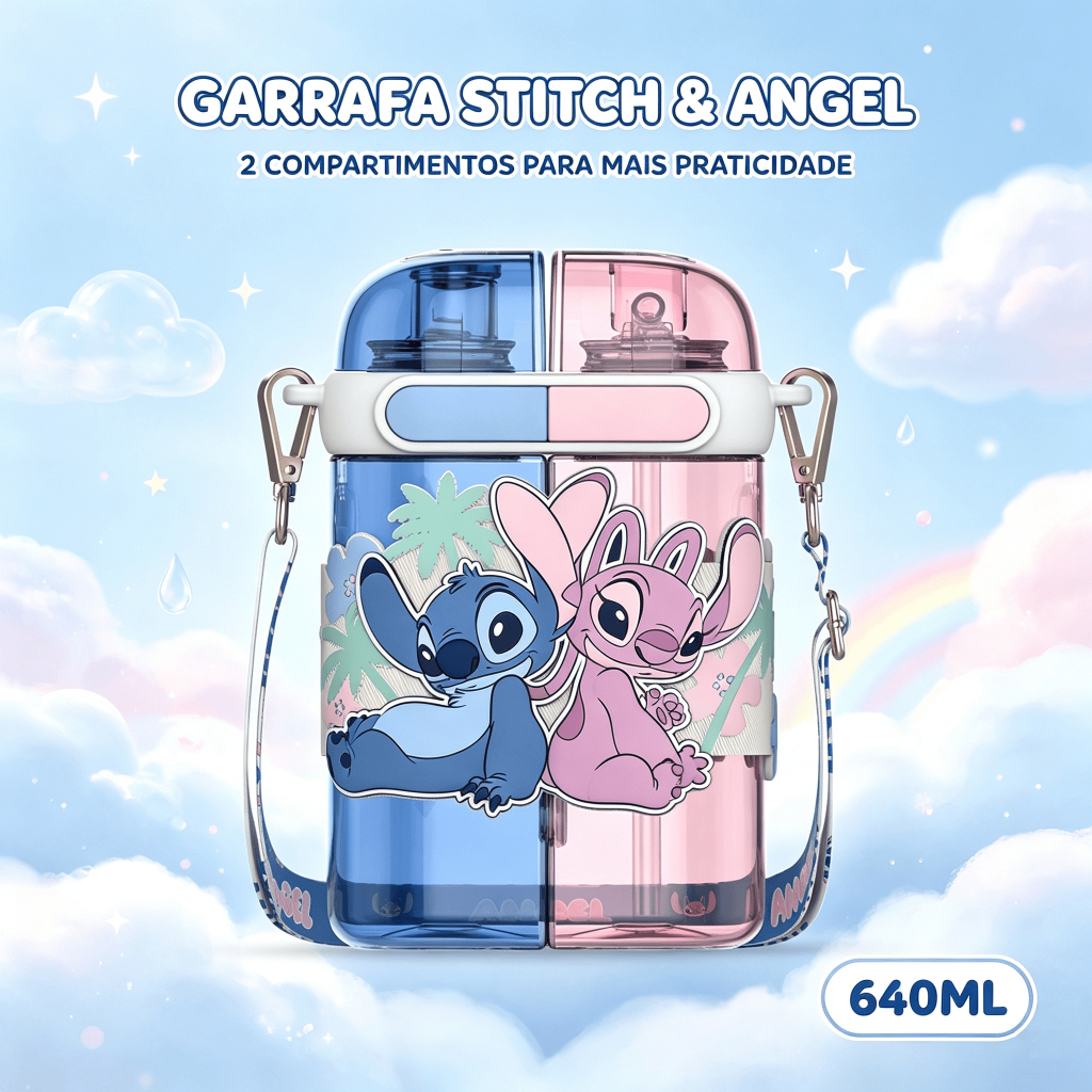 Garrafa Água Infantil Squeeze 640ml Dois Compartimentos Stitch Angel Resistente Disney
