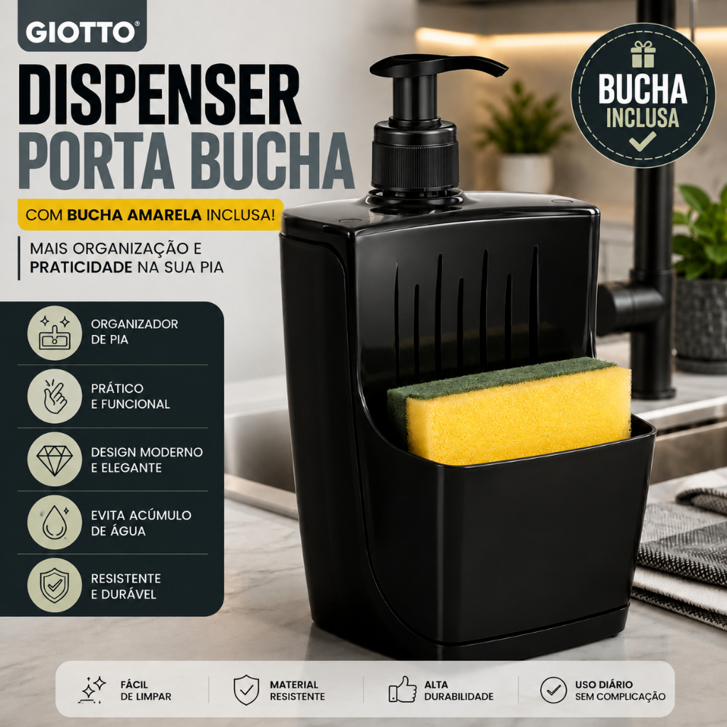 Dispenser Porta Bucha Detergente Cozinha Preto Organizador Pia Giotto + Bucha Inclusa