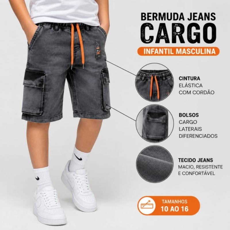 Bermuda Cargo Juvenil Grafite Casual com Bolsos Laterais e cintura elástico