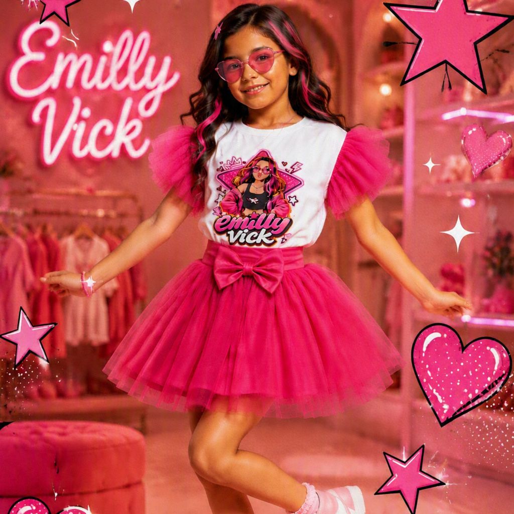 ✨ CONJUNTO INFANTIL E. VICK – BLUSA COM MANGA DE TULE + SAIA TULE COM LAÇO ✨