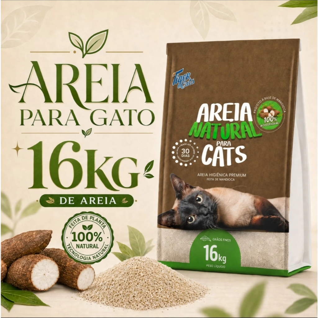KIT CX Com 16kg de Areia Higiênica Natural Mandioca Biodegradável Gatos Tiger Cats 4kg,cx com 4 pcts de 4kg cada