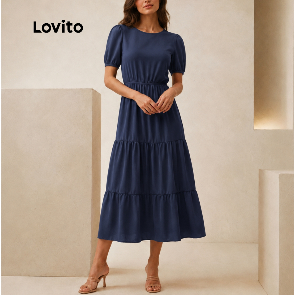 Lovito Vestido Midi Azul com Babado na Barra Feminino DRB374BRL403