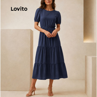 Lovito Vestido Midi Azul com Babado na Barra Feminino DRB374BRL403