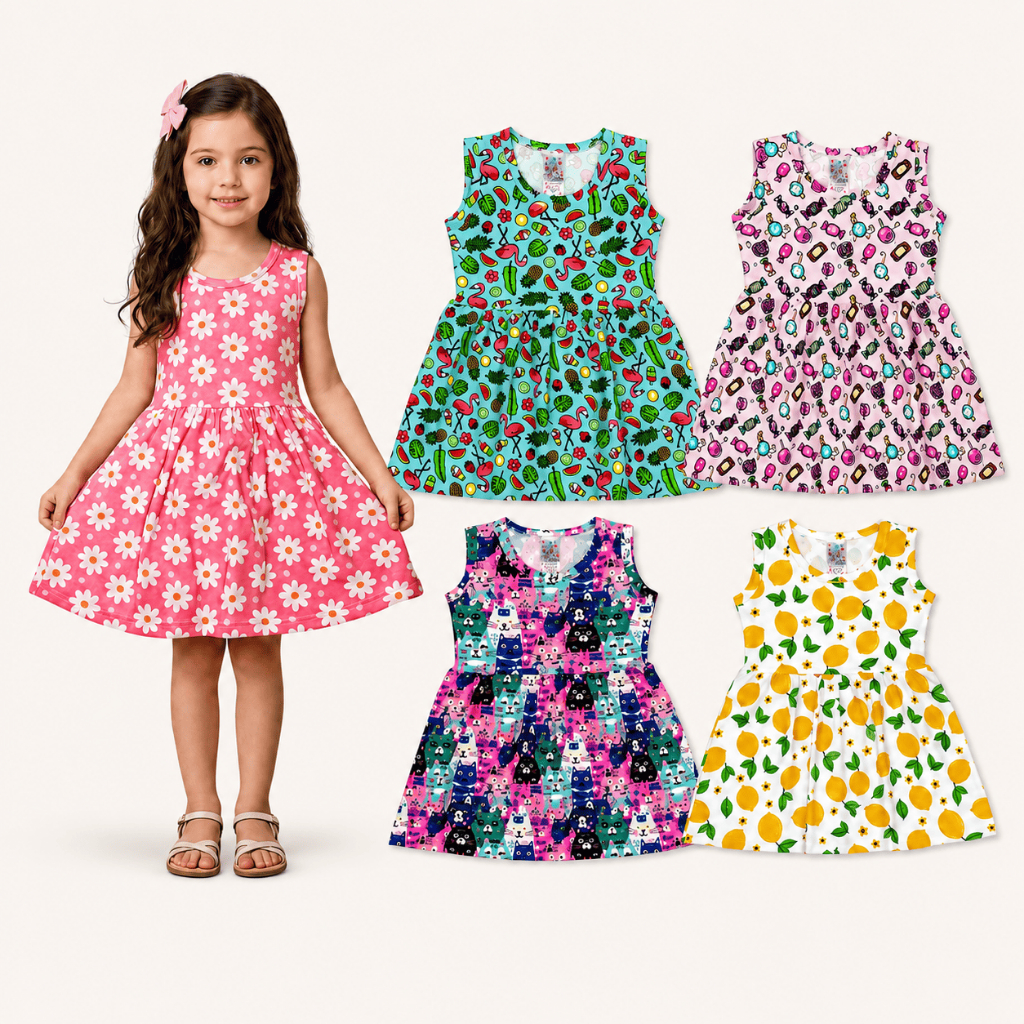 Kit 02 Vestidos Infantis Menina 100% Algodão Conforto Diário Cores Sortidas Estampas Coloridas e Divertidas
