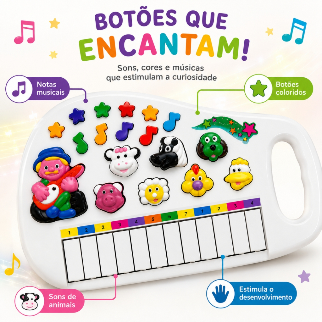 Piano Infantil Teclado Musical Fazendinha 12 Teclas Som de Animais Brinquedo Bebê Criança Branco Pratitudo Toys · foto 2