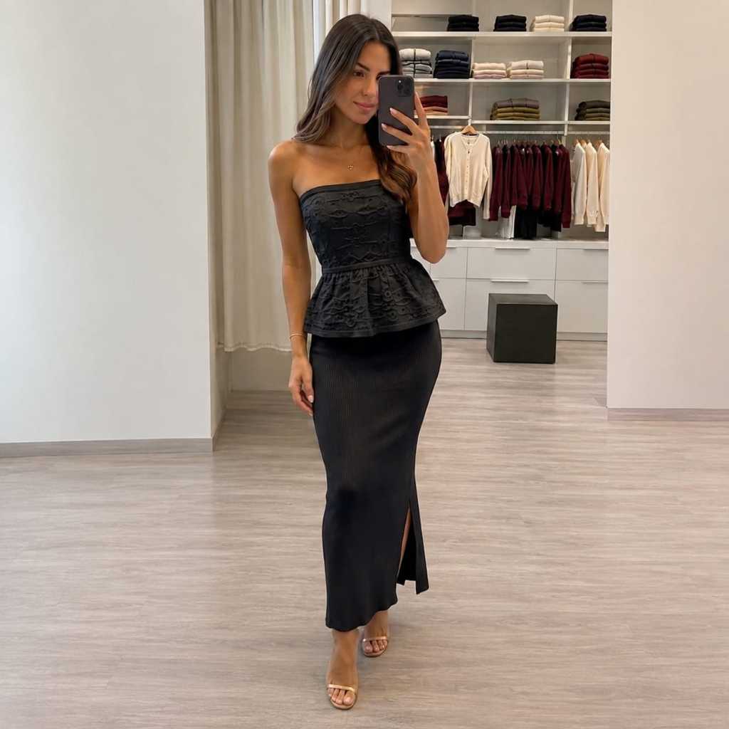 Conjunto de modal tomara que caia e saia midi fenda lateral
