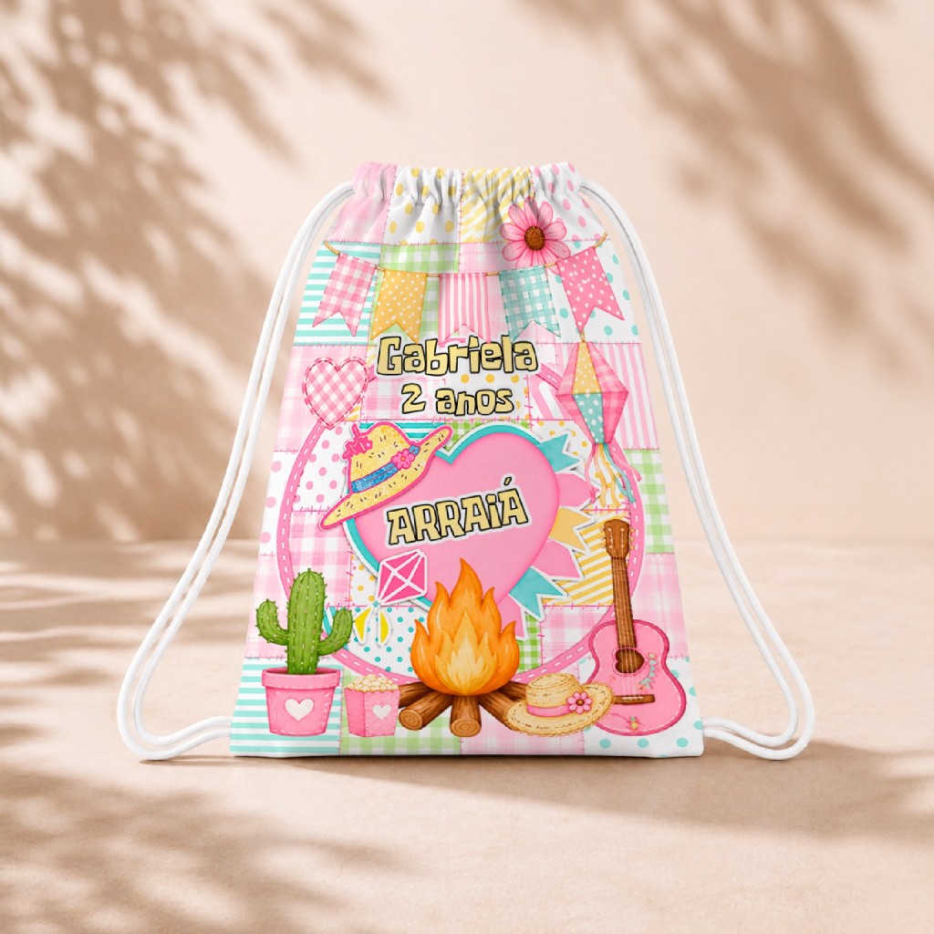 10 Mochila Personalizada Infantil 18x26 Sacolinhas Surpresa Festa Aniversário Lembrancinha Festa Junina Arraiá Rosa M2