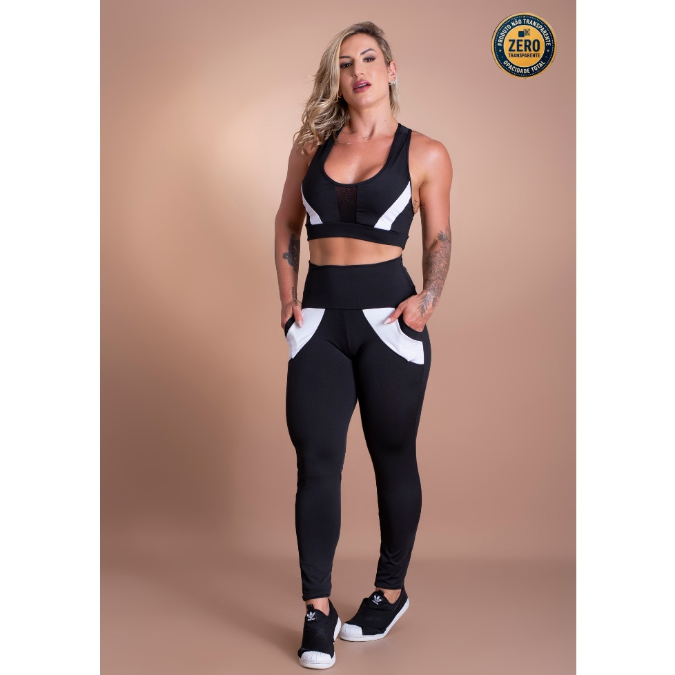 Conjunto Fitness Feminino Calça Legging Cintura Alta Com Bolso E Top Sustentação Tela Academia ZERO TRANSPARÊNCIA