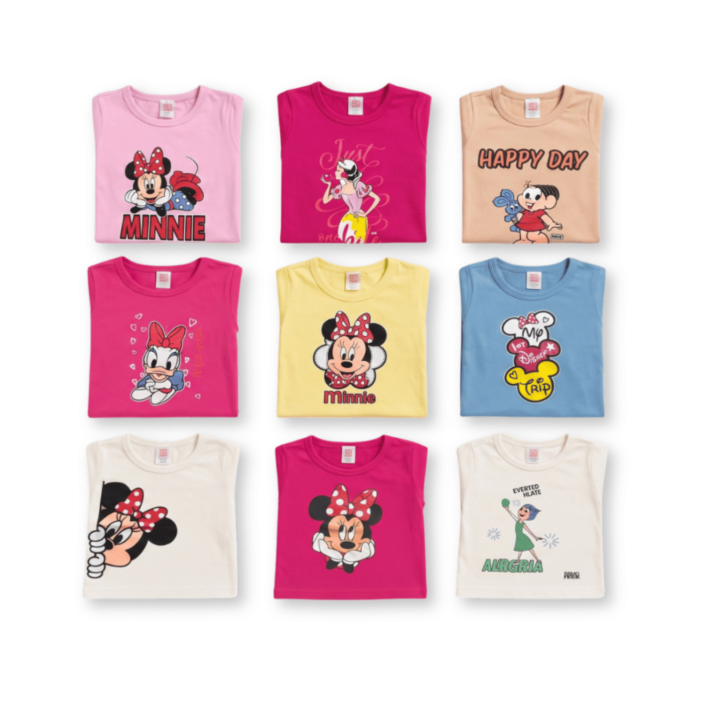 Camiseta Sortidas Algodão Manga Curta Algodão 100% Feminina Infantil Menina Estampas