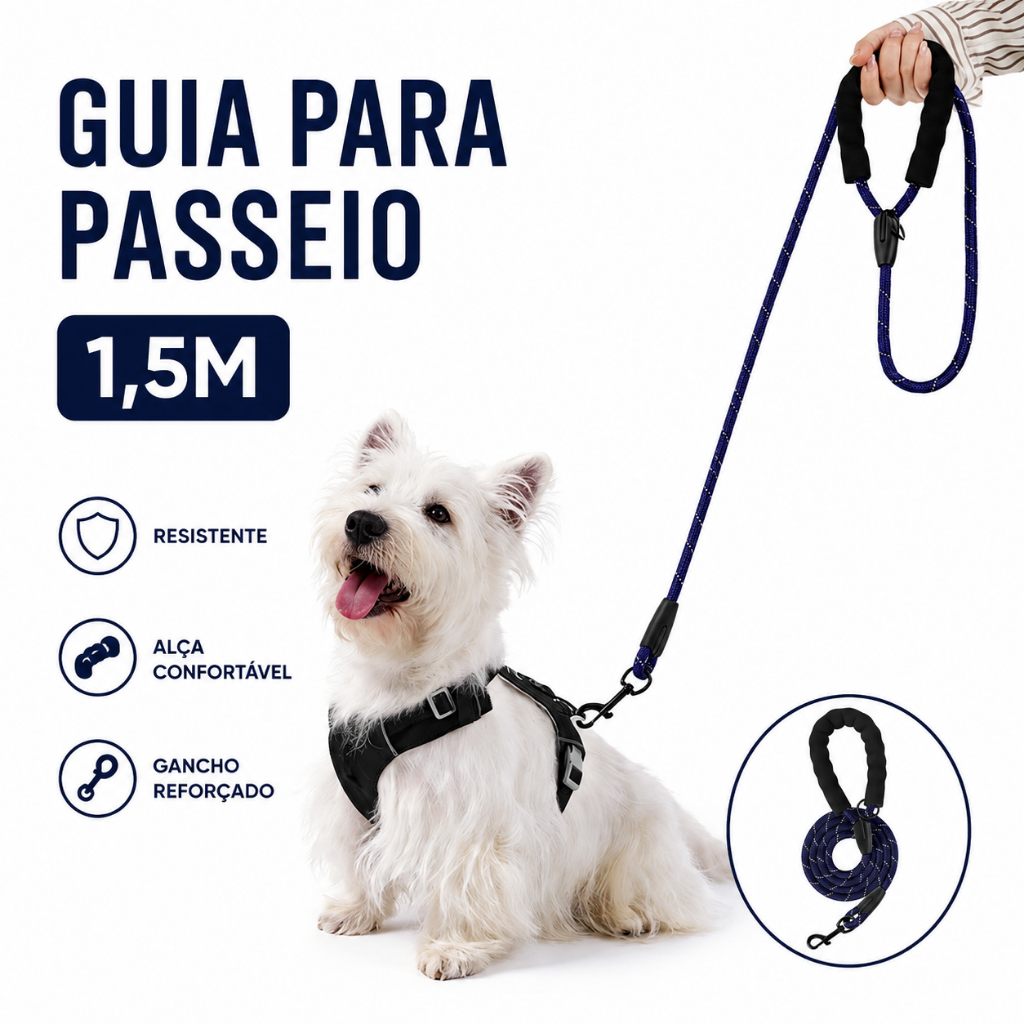 Guia de Passeio para Cachorro 1,5m Reforçada com Fita Refletiva Alça Macia e Mosquetão 360°