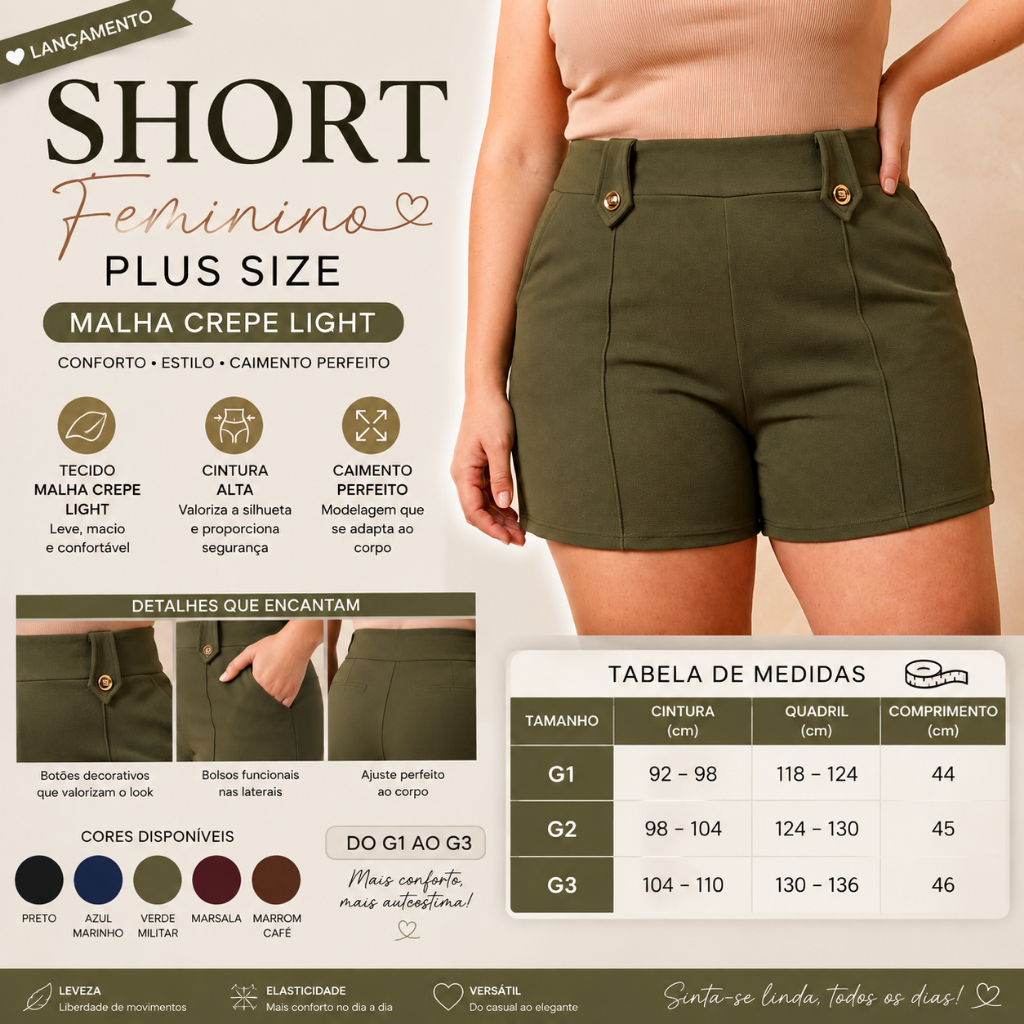 short feminino plus size tecido malha crepe leva botões na frente